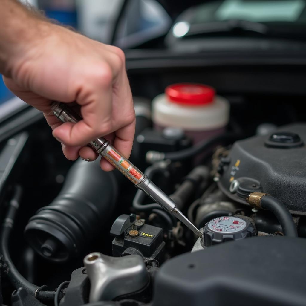 Mechanic checking car fluids during a tune-up