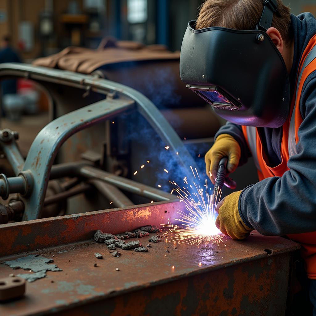 Welding a patch onto a rusted car frame