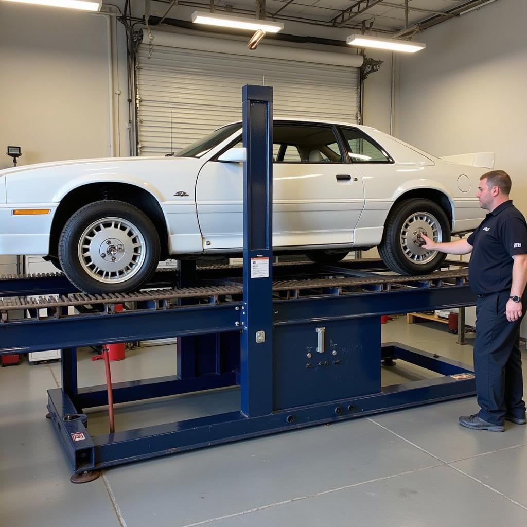 Car frame being straightened after an accident at an auto body shop in New Castle, DE