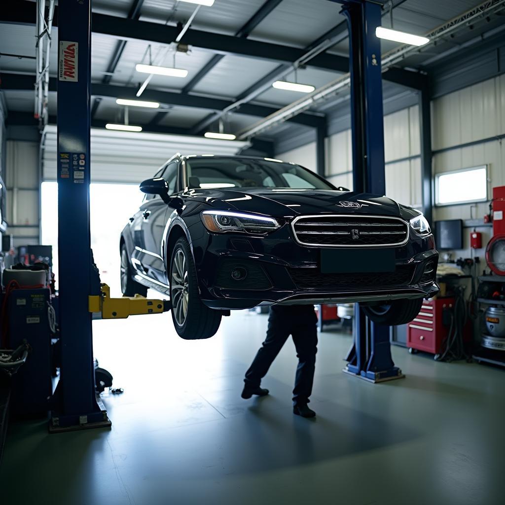  Car on a lift undergoing a 49 tire and auto service