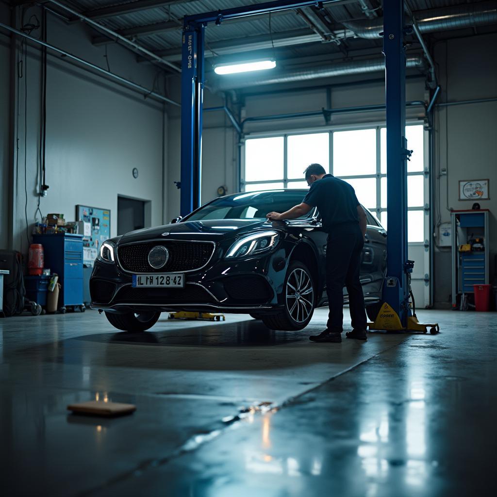 Car being serviced with an oil change in progress