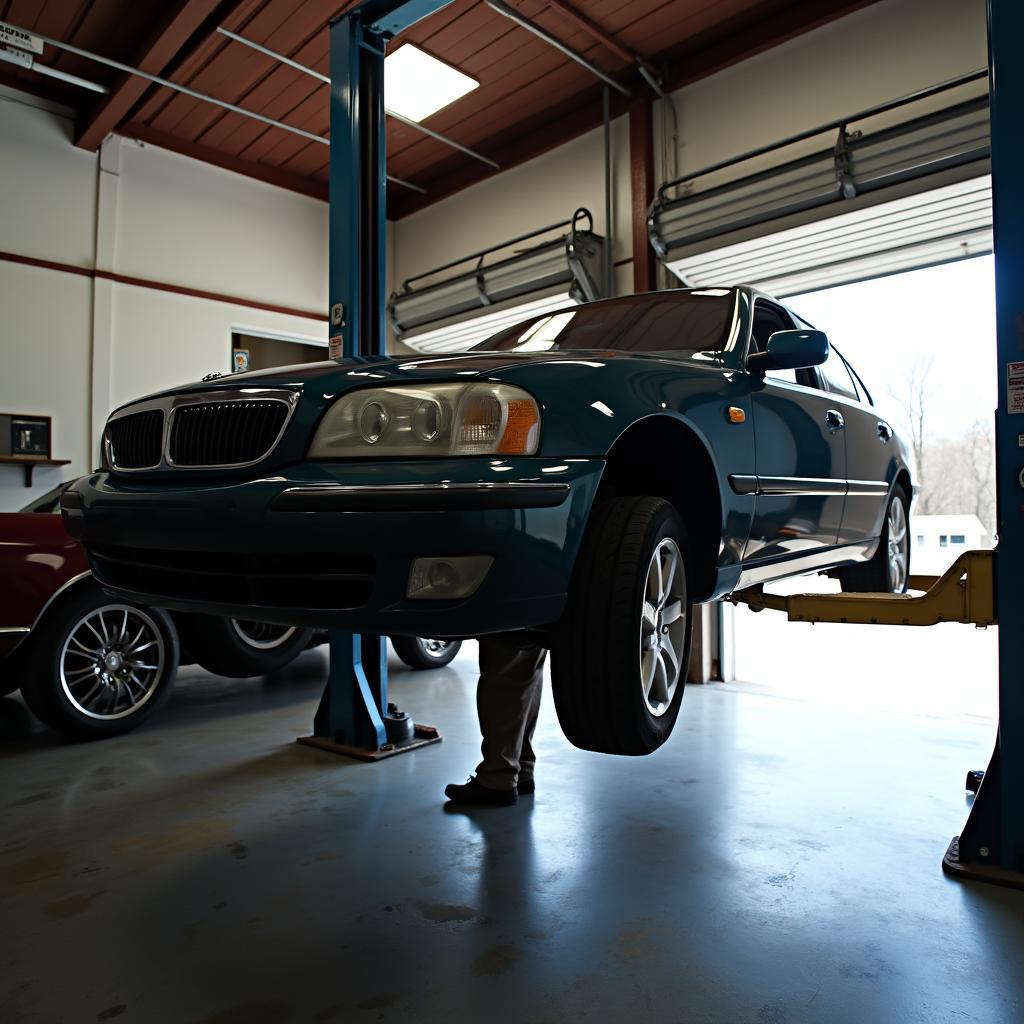 A car being serviced in an Asheville auto shop