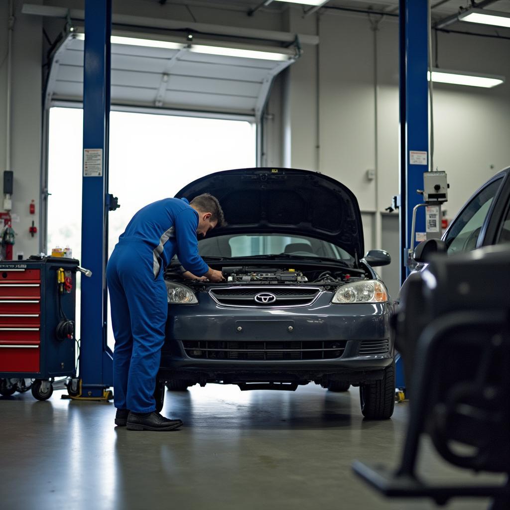 Car on a lift undergoing engine repair in an auto service center in Hope AR