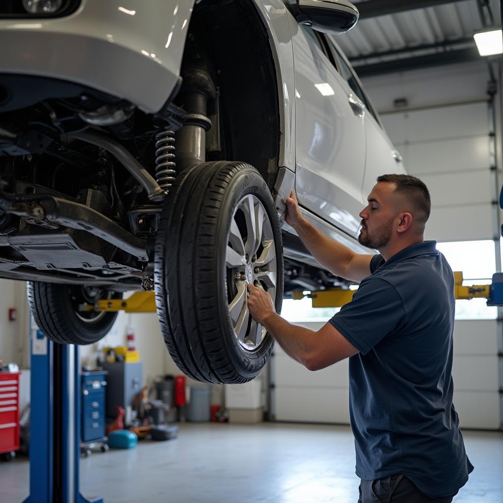 Car Undergoing Oil Change at Service Center