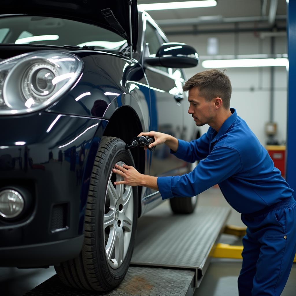 Car getting an oil change at an auto pit service