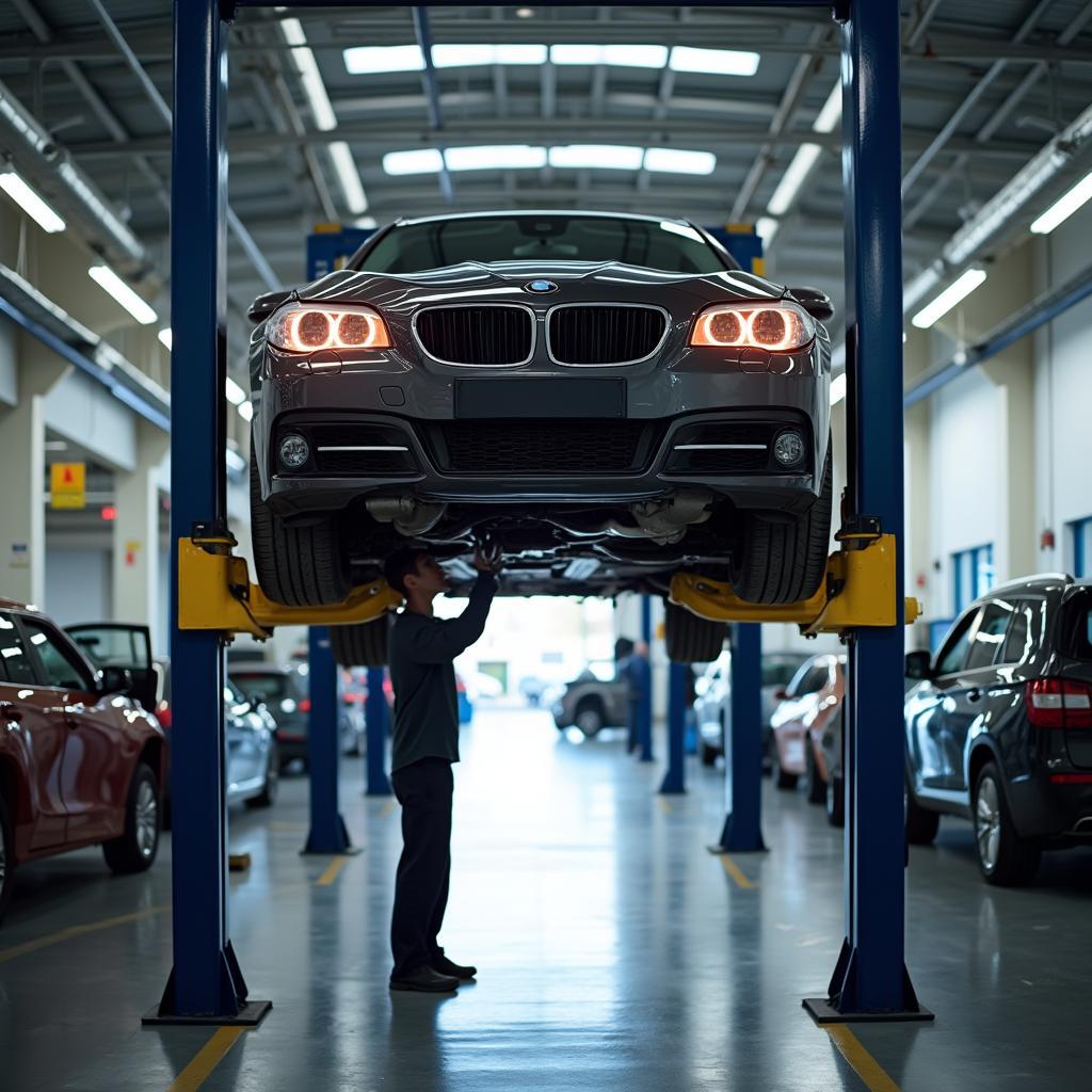 Car undergoing an oil change at an auto service center