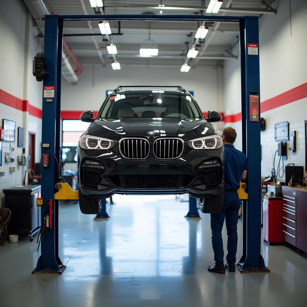 Car getting an oil change at an express auto repair shop.