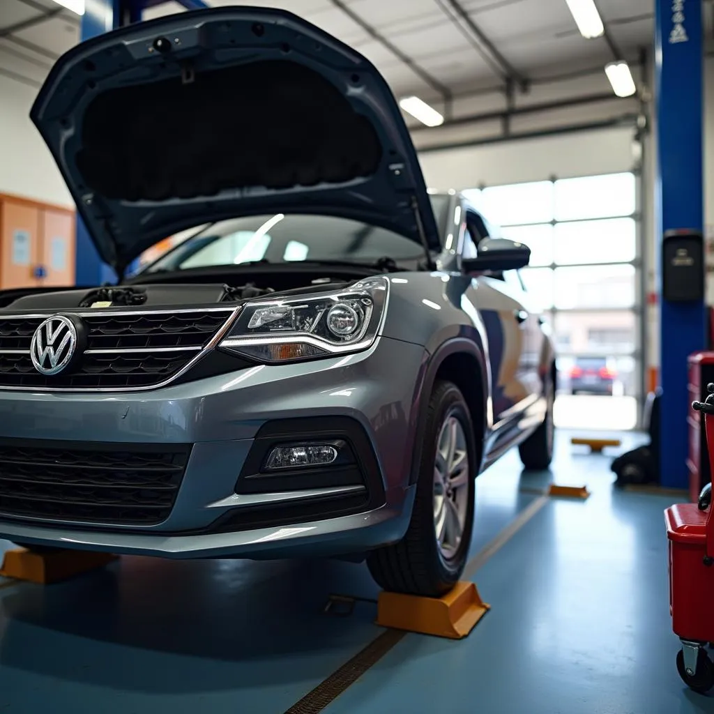 Car on a lift getting an oil change