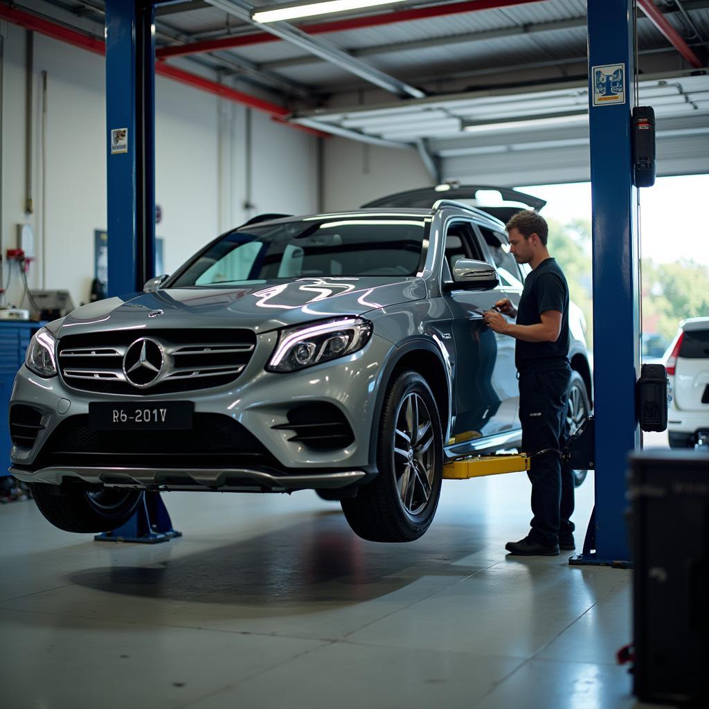 Car Undergoing Maintenance in a Service Bay