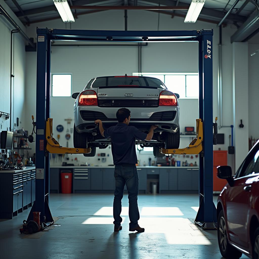 Car getting serviced at an auto shop