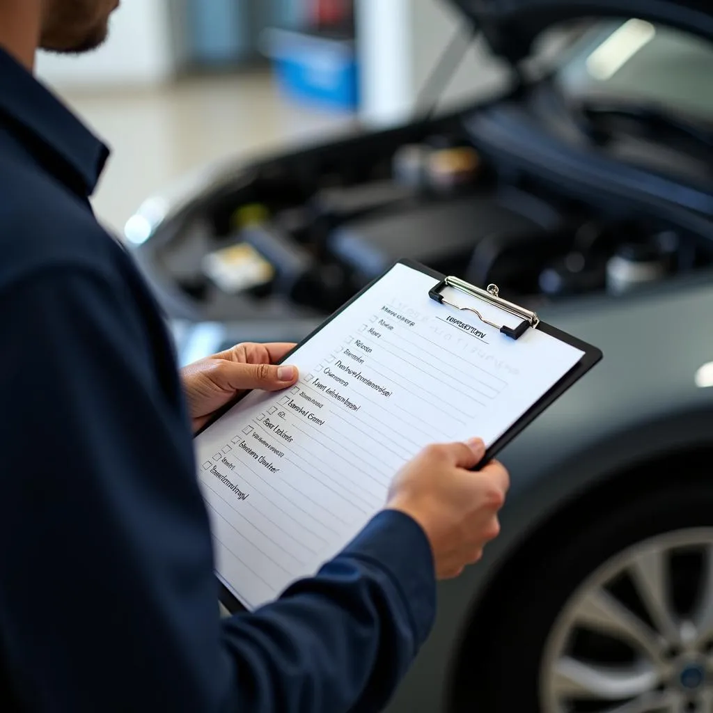 Mechanic reviewing a car inspection checklist