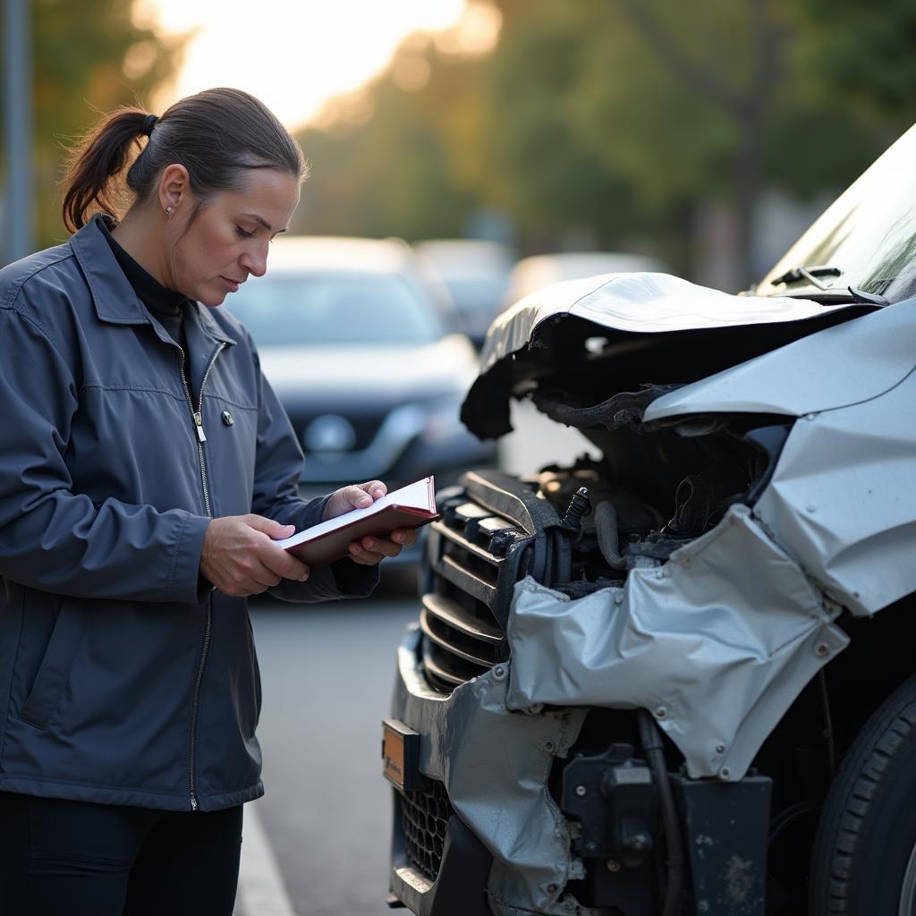 Insurance adjuster inspecting damaged car