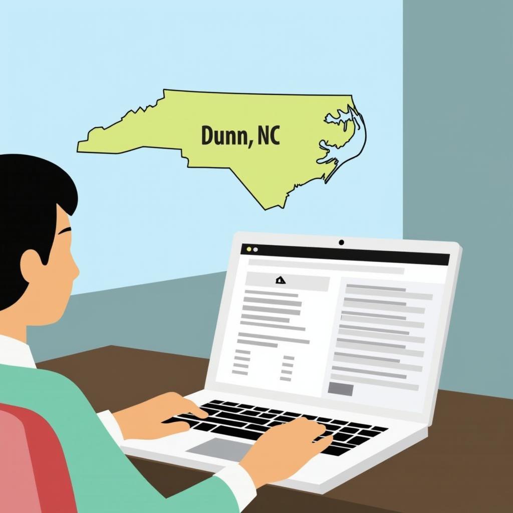 A person using a laptop to compare car insurance quotes from different providers, with a map of Dunn, NC in the background.