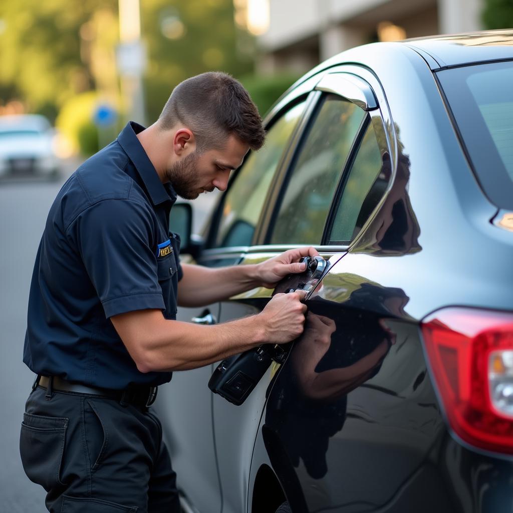 Auto lockout service technician working on a car door lock