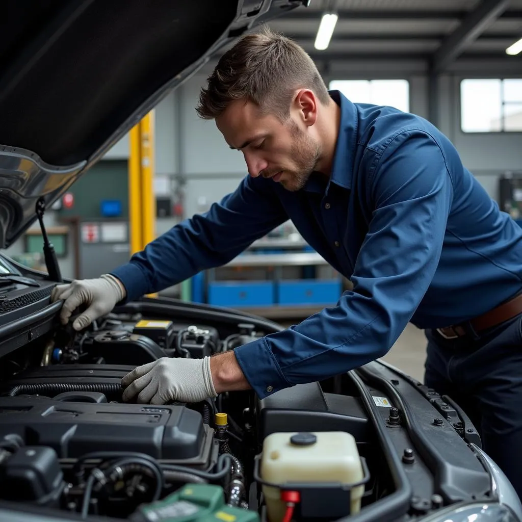 A mechanic working on a car inside A&amp;A Auto Service