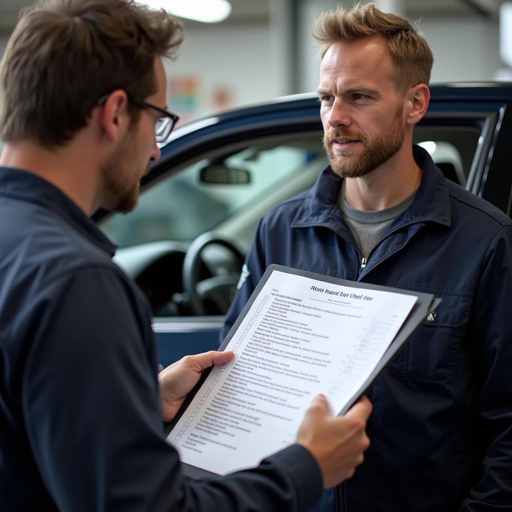 Car maintenance checklist in an auto service shop in 55428