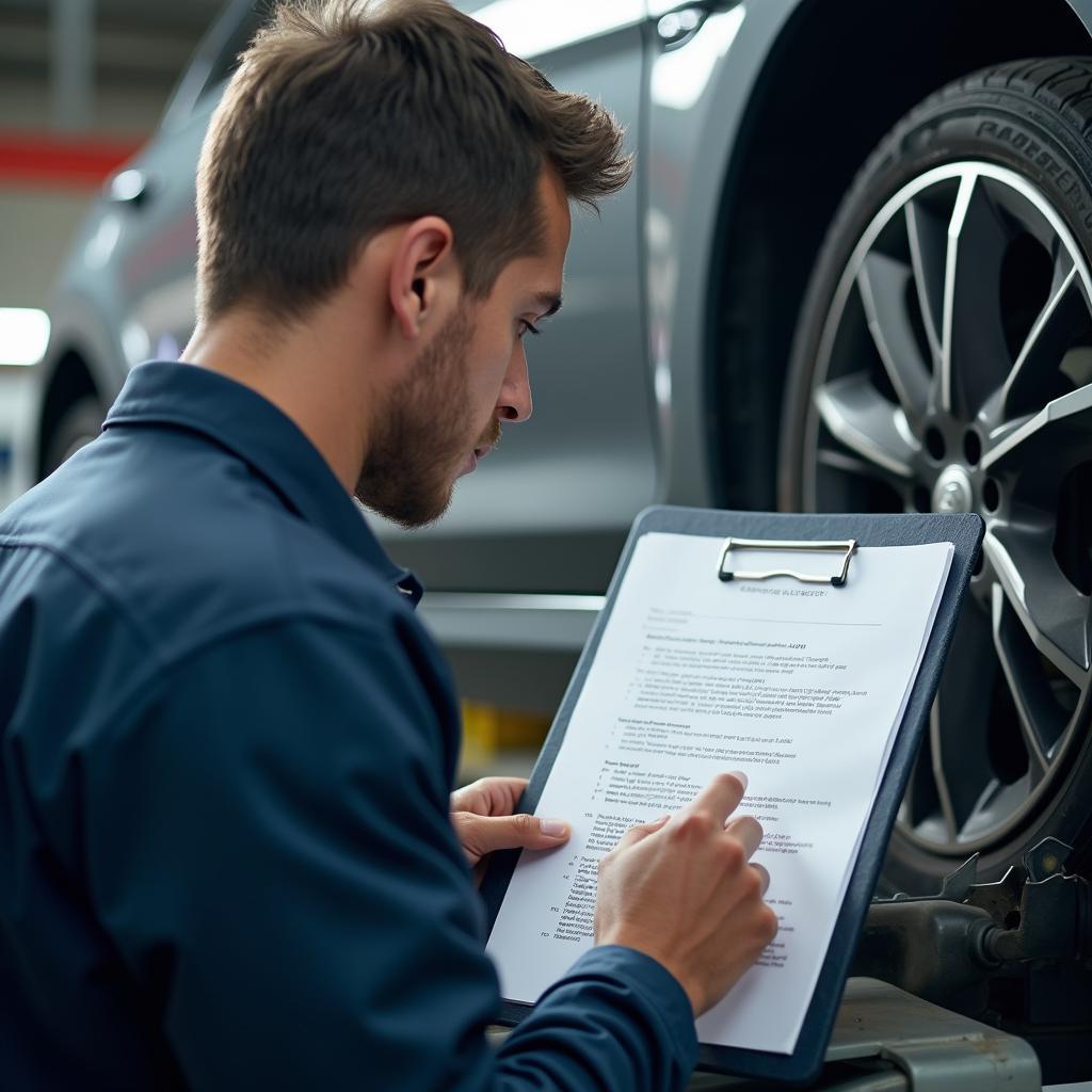  A mechanic reviewing a car maintenance checklist