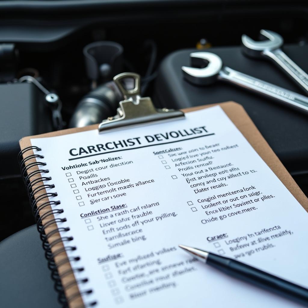 Car maintenance checklist with tools in the background