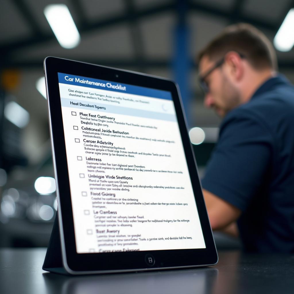 Car maintenance checklist on a tablet with mechanic in background