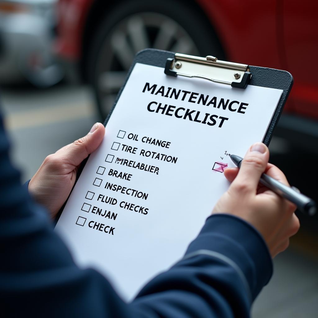 Mechanic reviewing a car maintenance checklist 