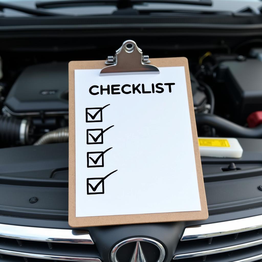 Car maintenance checklist on a clipboard resting on a car hood