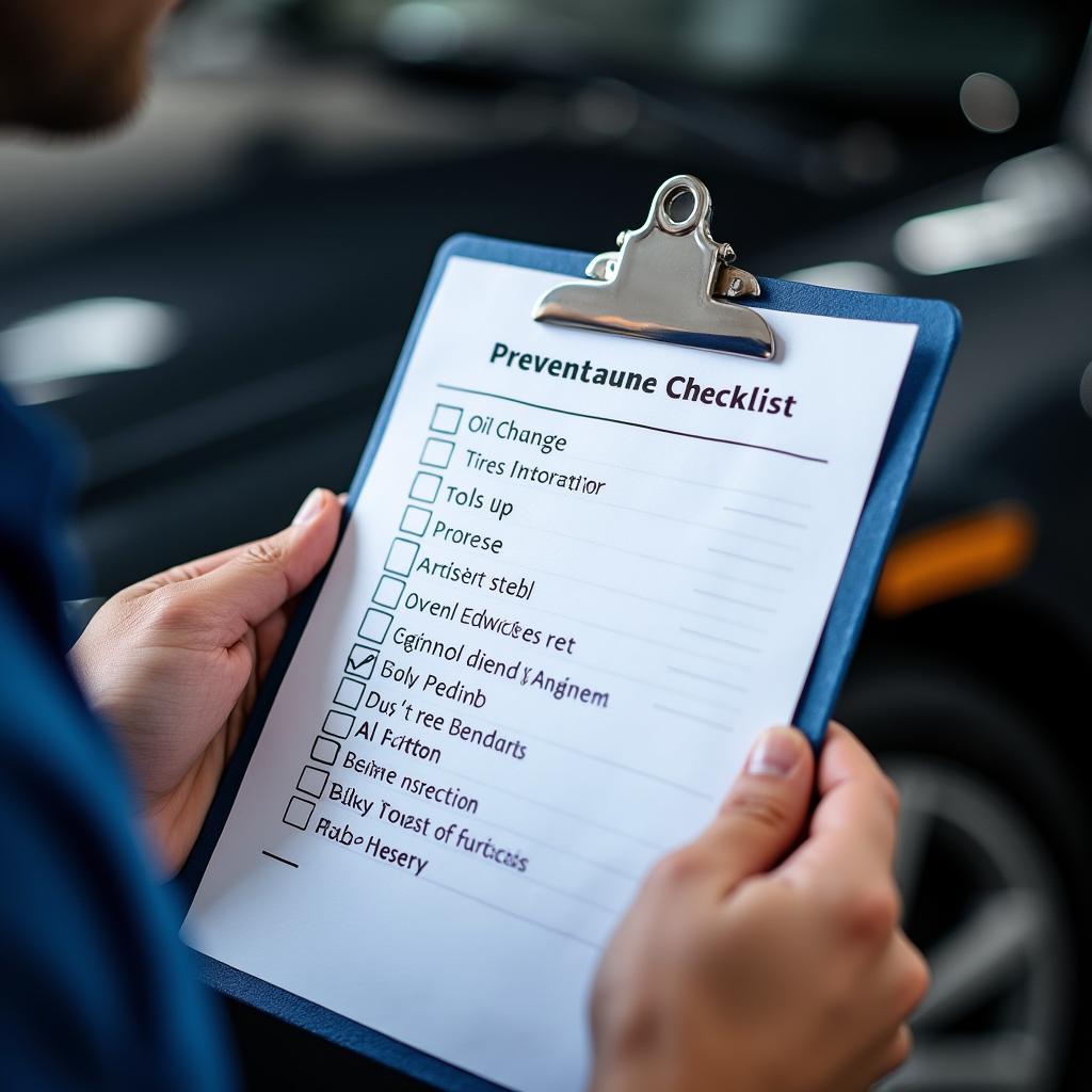 Mechanic reviewing a car maintenance checklist