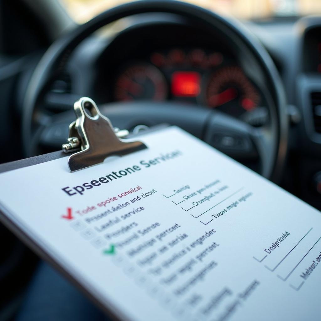 Car maintenance checklist on a clipboard resting on a car dashboard