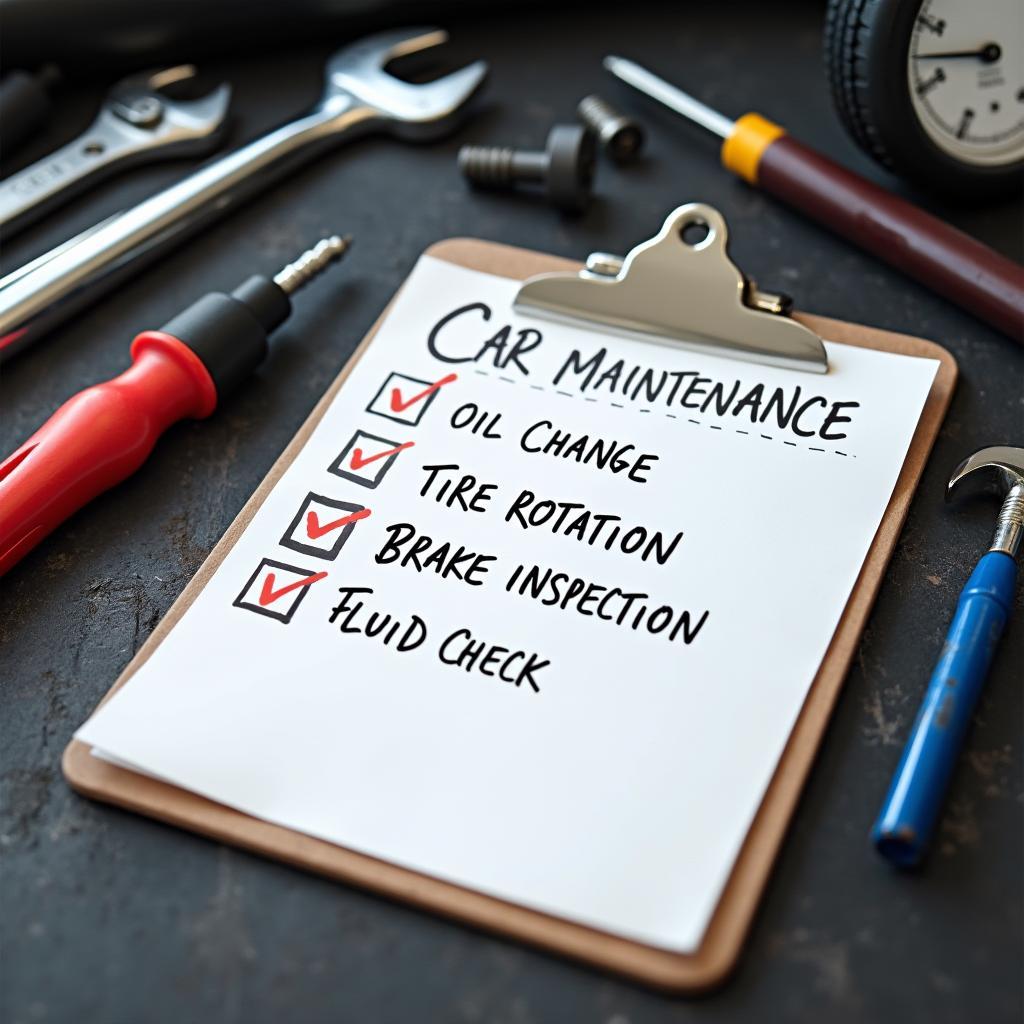 Car maintenance checklist with tools in the background