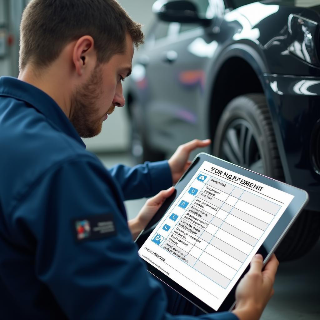 Checklist on a digital tablet with a mechanic inspecting a car in the background