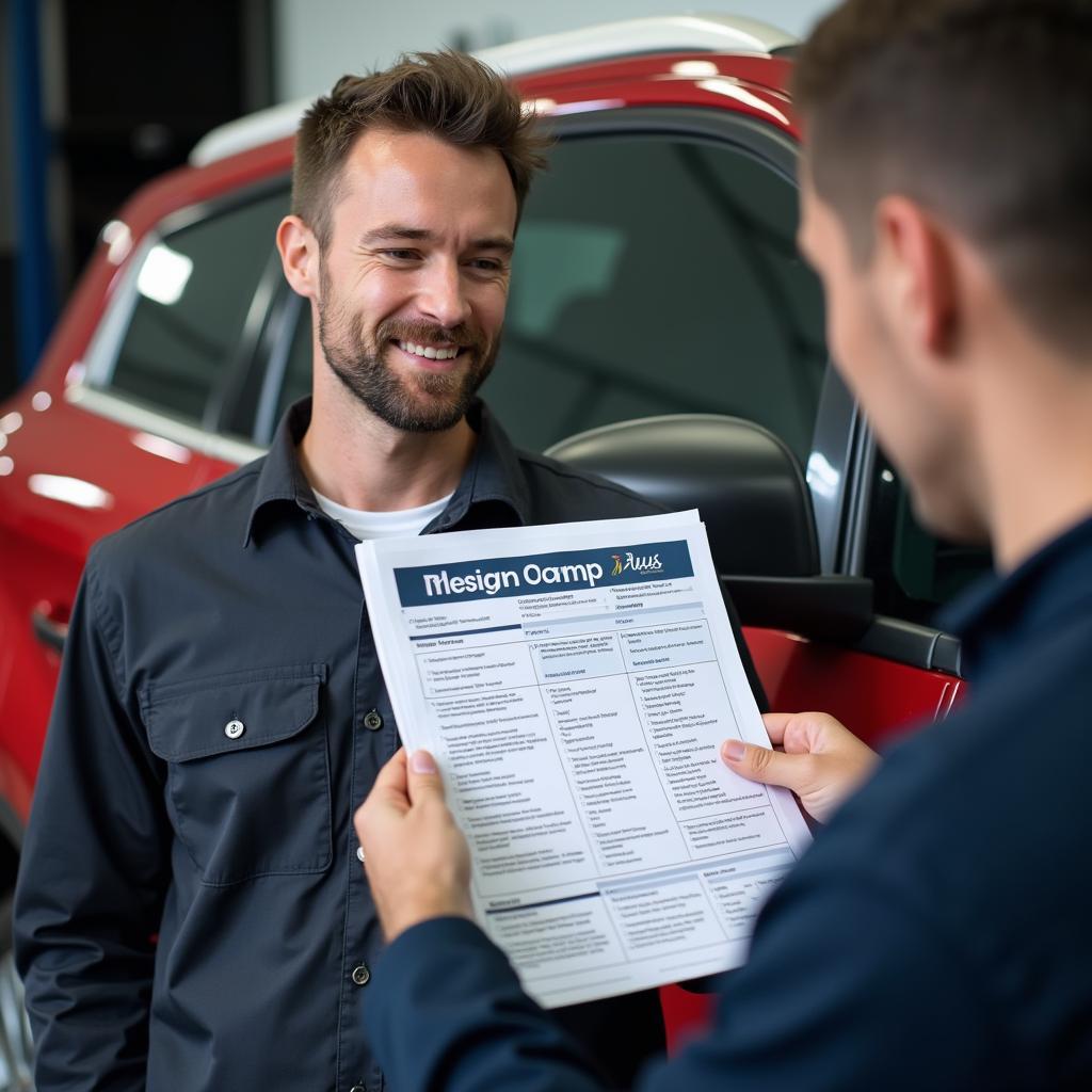 Mechanic reviewing a car maintenance checklist with a customer