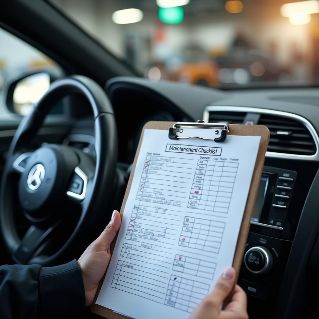 Car maintenance checklist on a clipboard in a Baltimore auto service center