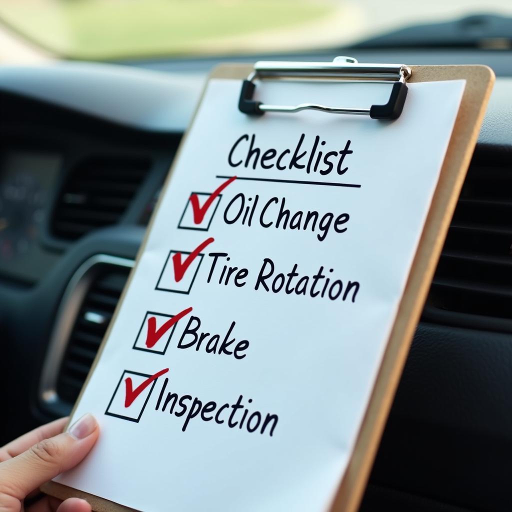 A checklist of car maintenance tasks on a clipboard resting on a car's dashboard