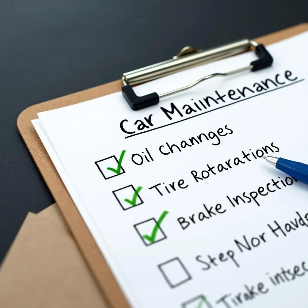 Clipboard with car maintenance checklist and pen resting on car hood