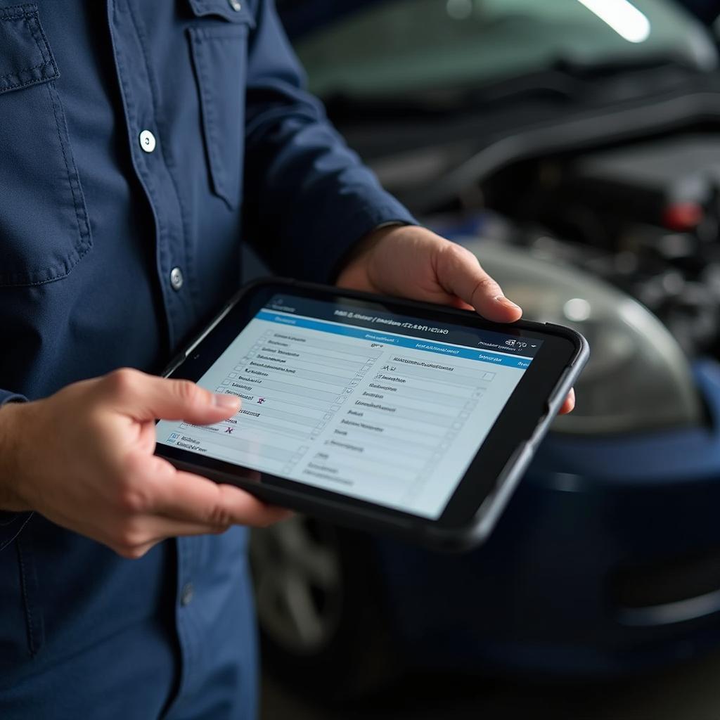 Car maintenance checklist on a digital tablet in a Queens auto service center