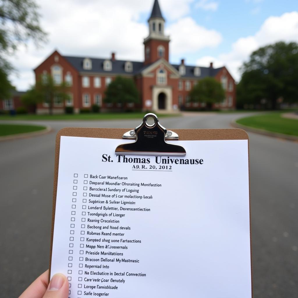 Car maintenance checklist on a clipboard with a St Thomas University background