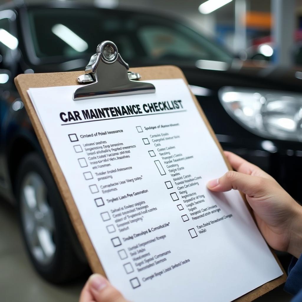 Clipboard with car maintenance checklist in an auto service shop in Topeka