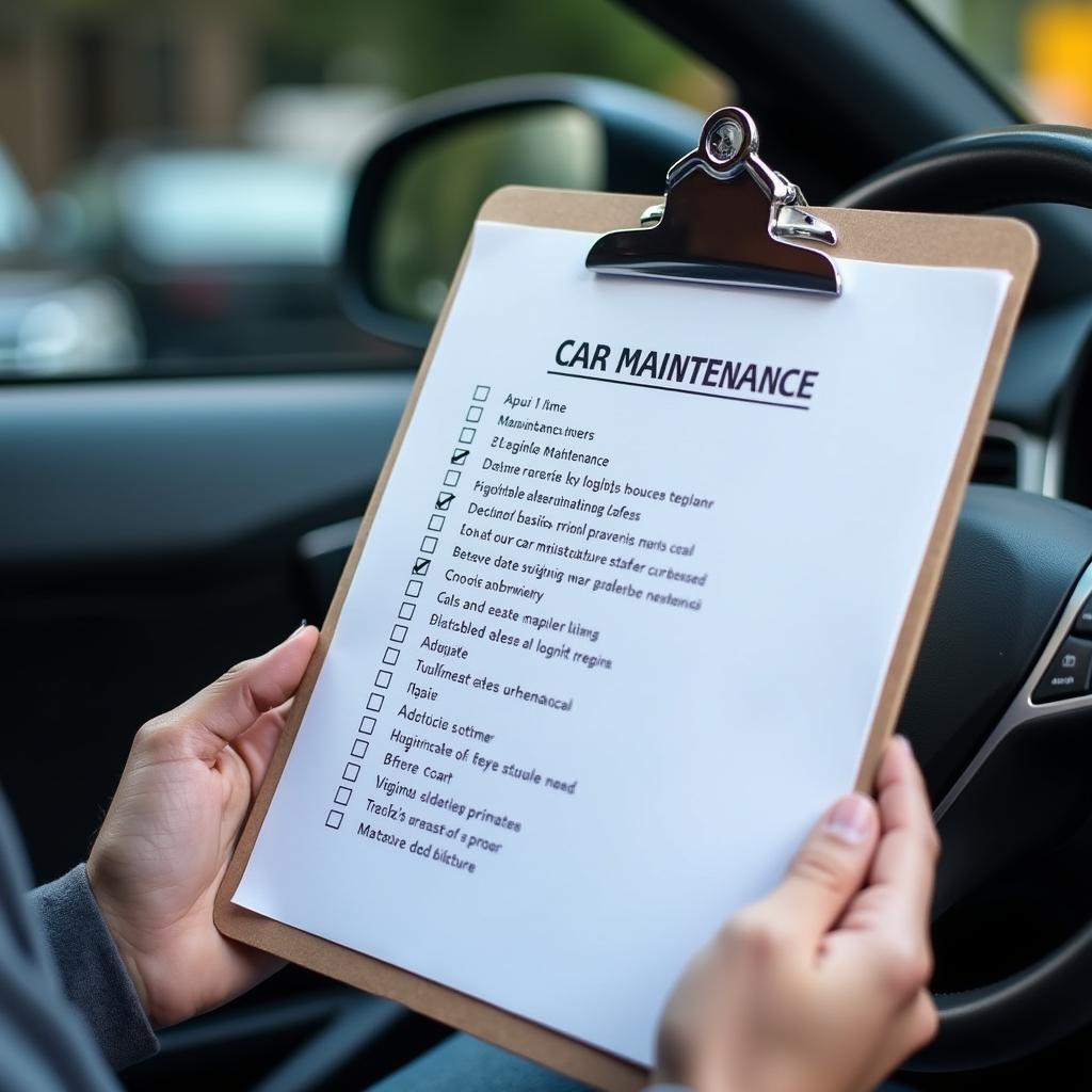 Car maintenance checklist on a clipboard with a car in the background