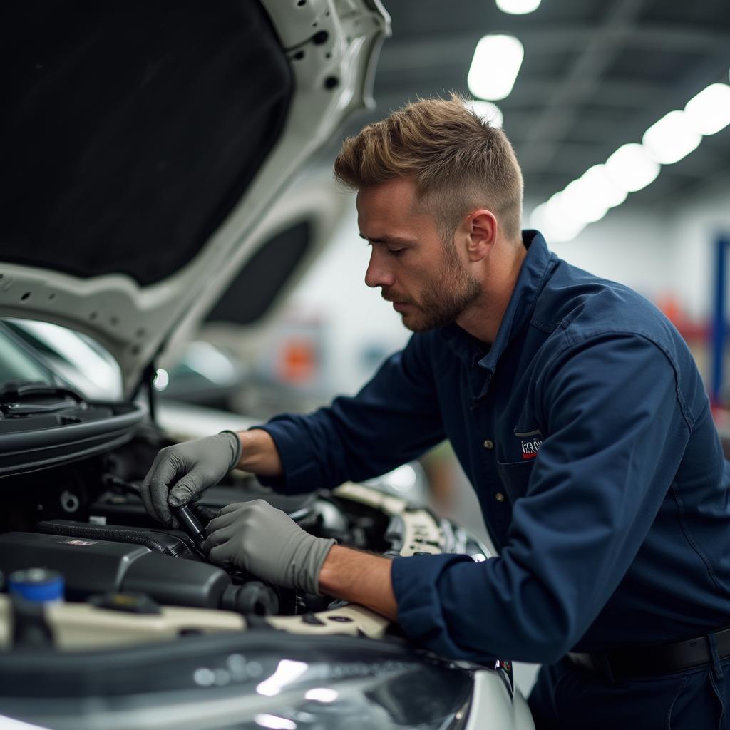 Car undergoing routine maintenance in Livonia 