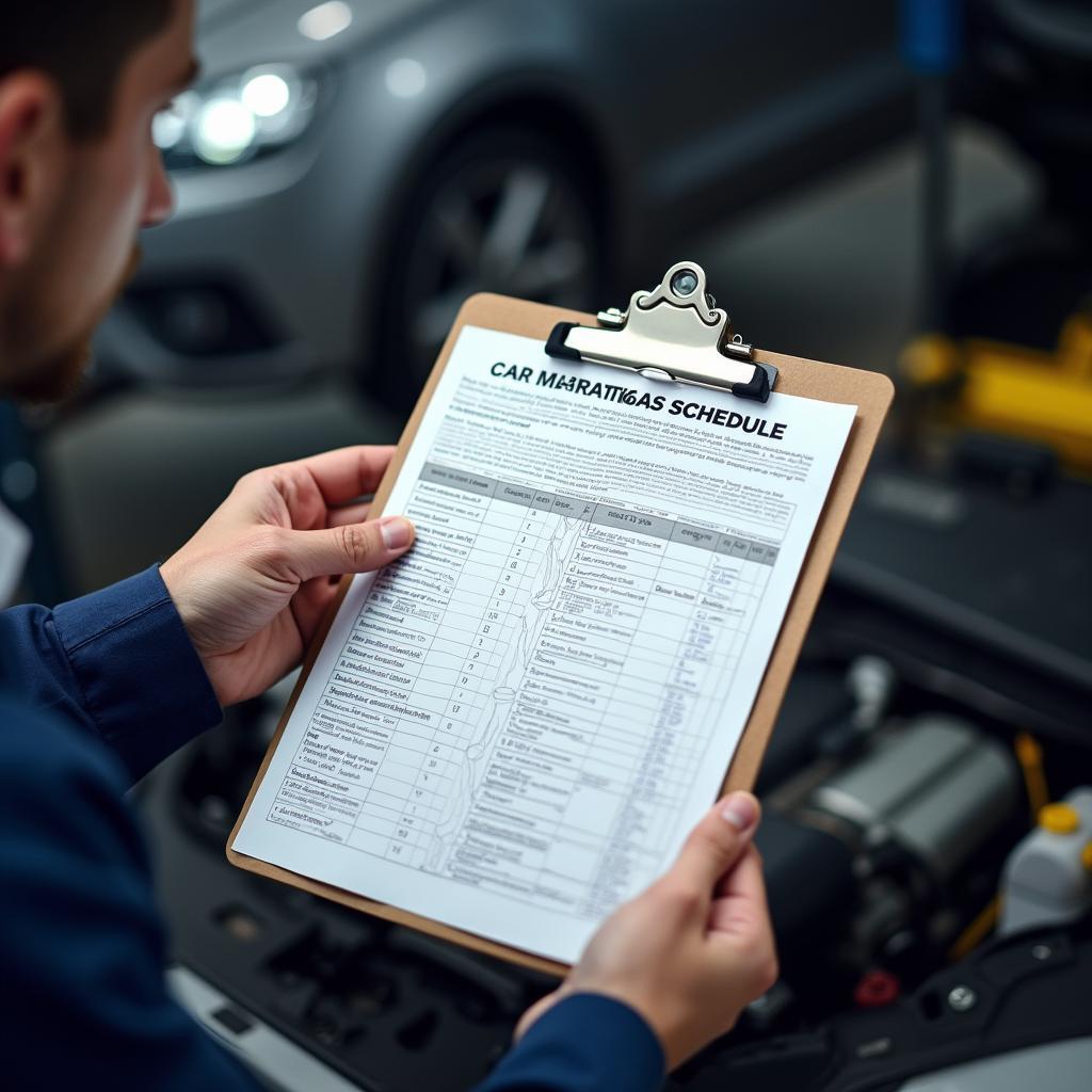 Car maintenance schedule checklist on a clipboard.