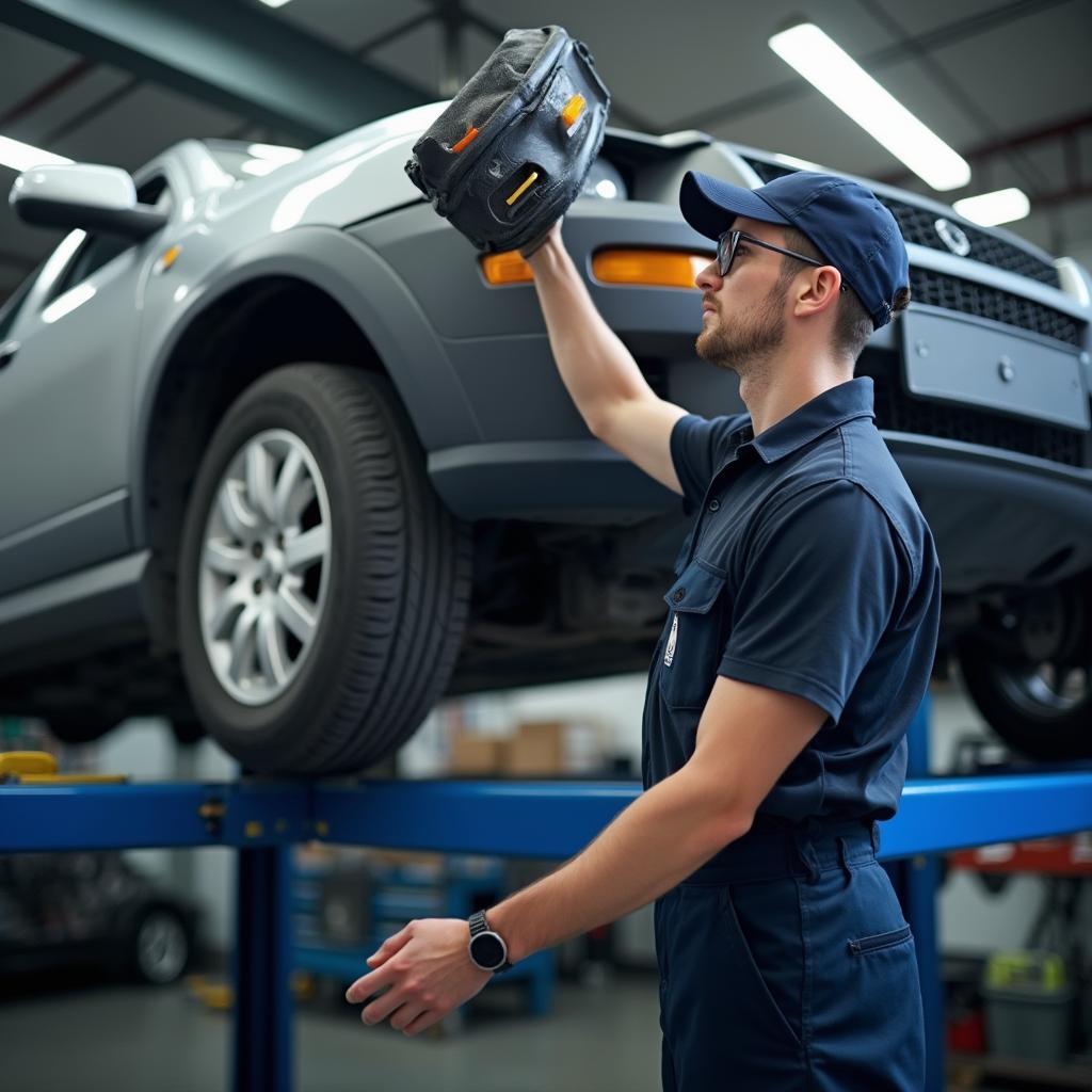 Mechanic Inspecting a Car in a Garage