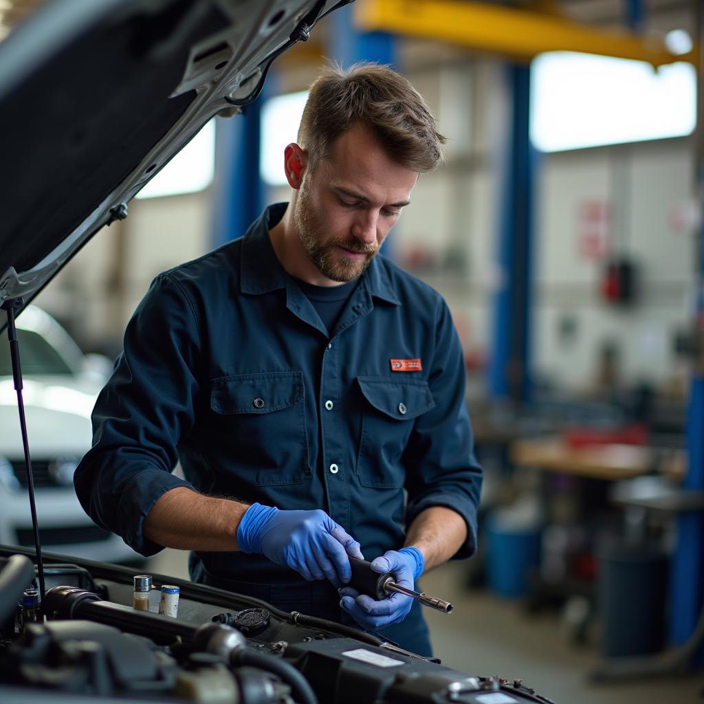 Car mechanic working at an auto service center in Bastrop on a Saturday