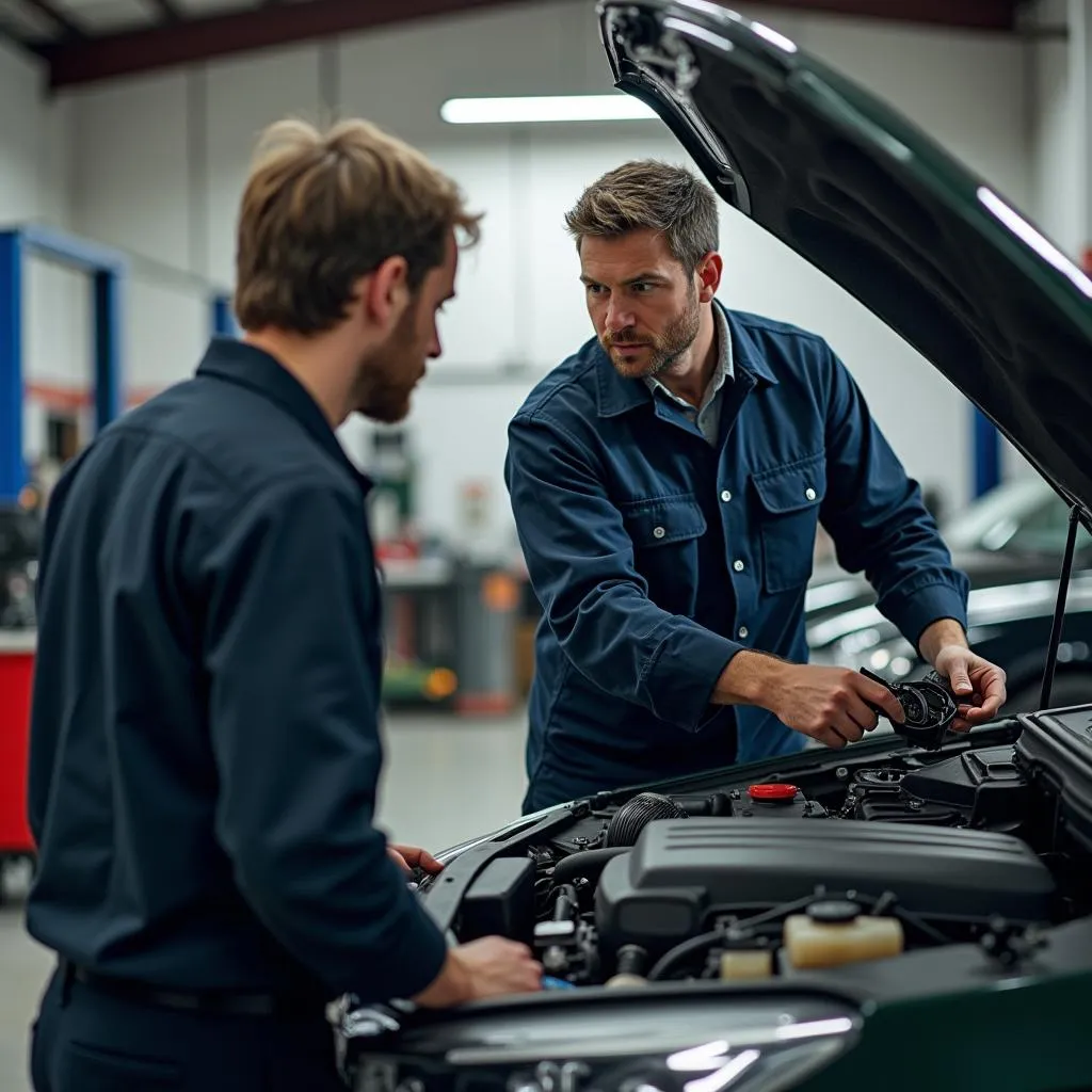 Mechanic explaining engine issue to a customer in an auto repair shop.