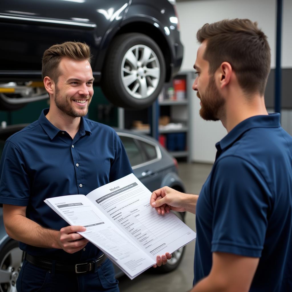 Car mechanic explaining repair estimate to customer