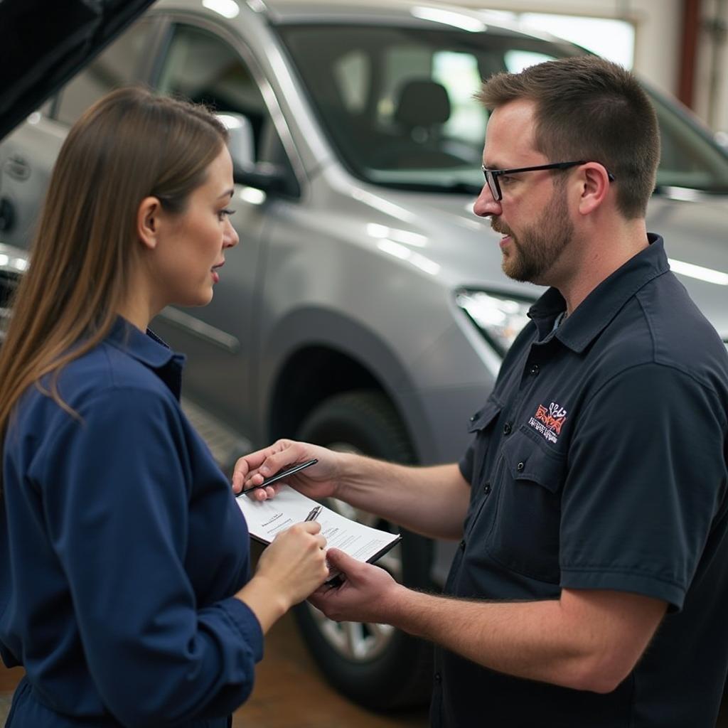 Car mechanic explaining a repair to a customer in Mt Carmel PA