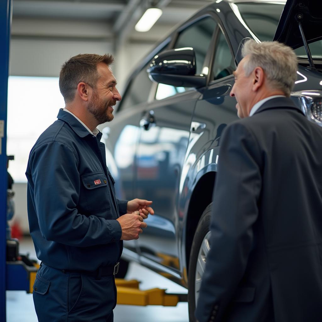 Car mechanic explaining repairs to a customer