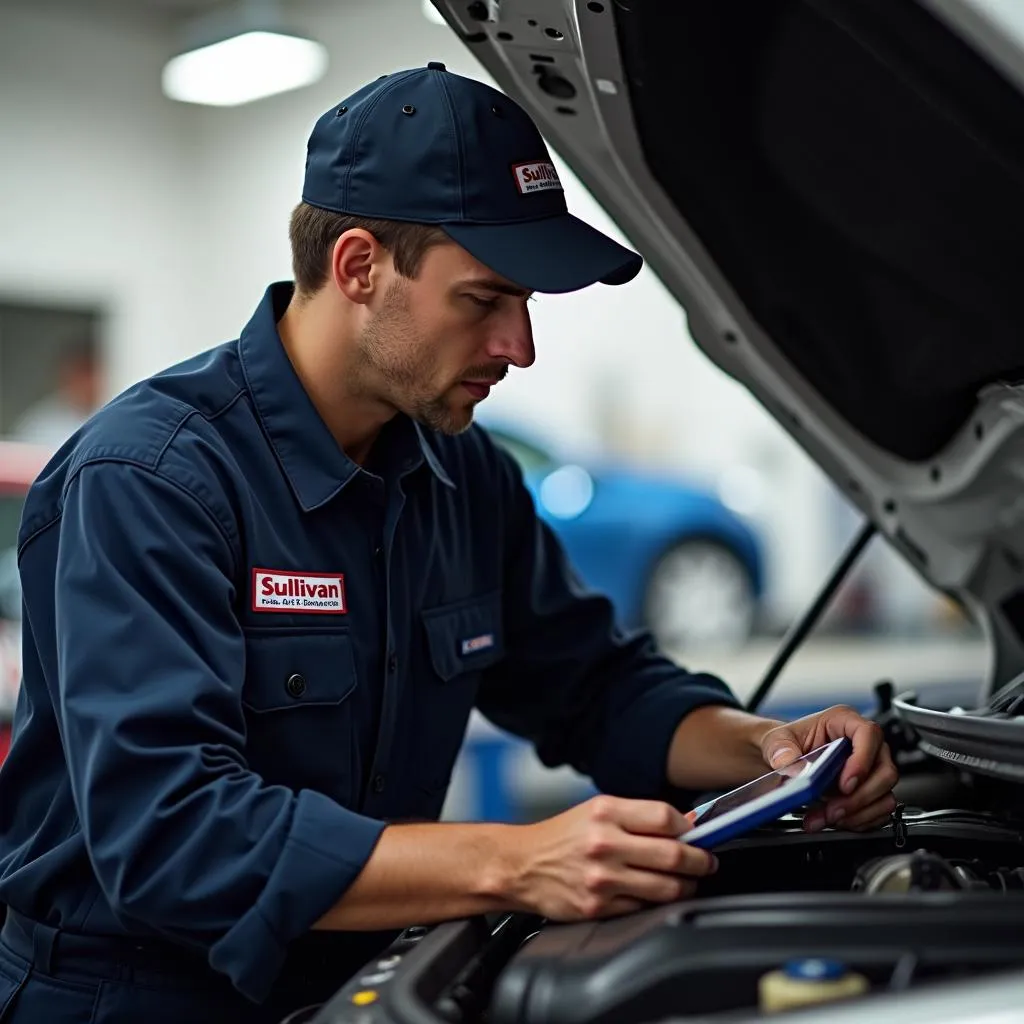 Car mechanic inspecting a vehicle engine