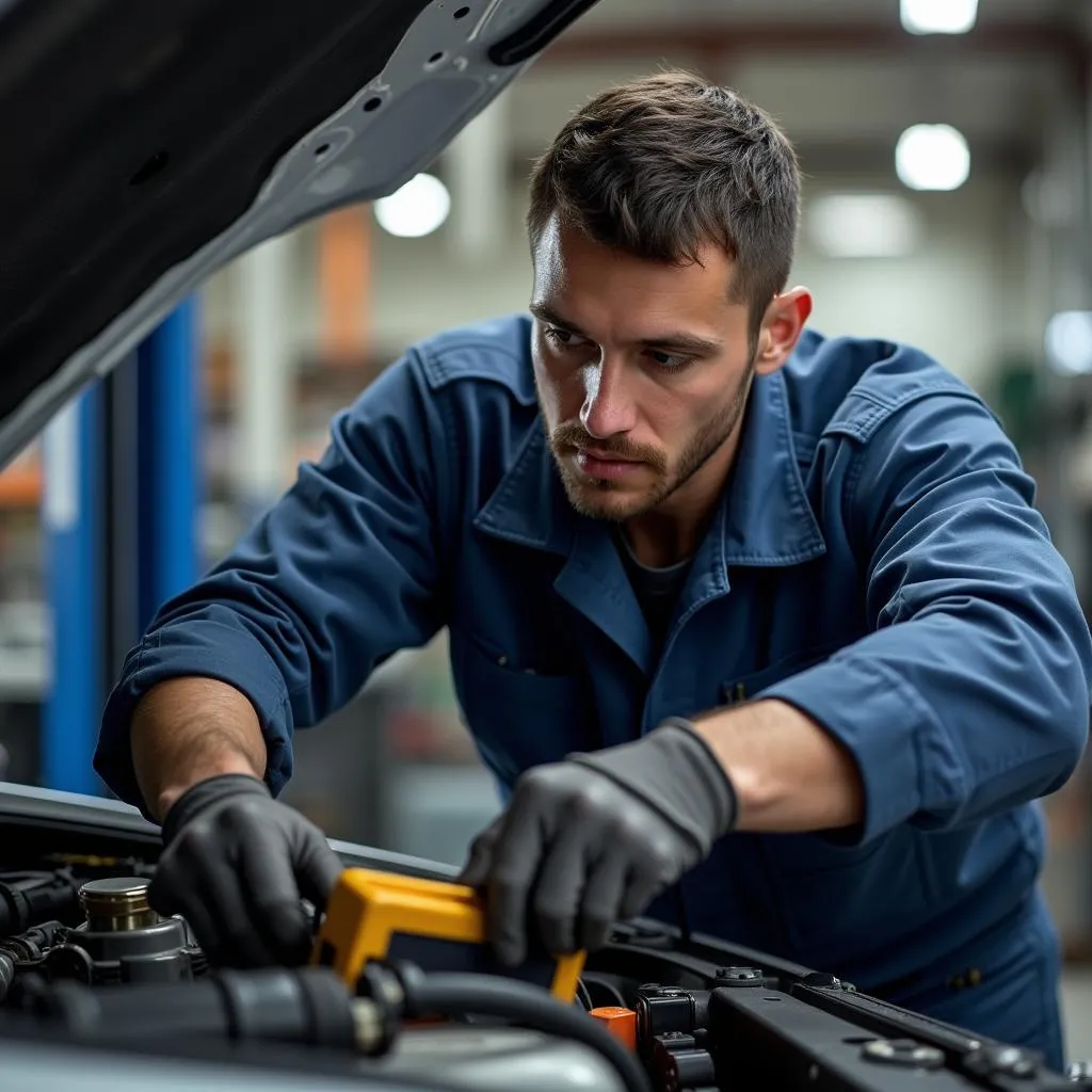 Car Mechanic Inspecting Engine