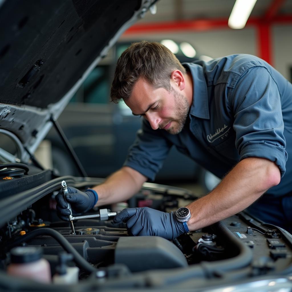 Car Mechanic Inspecting Engine