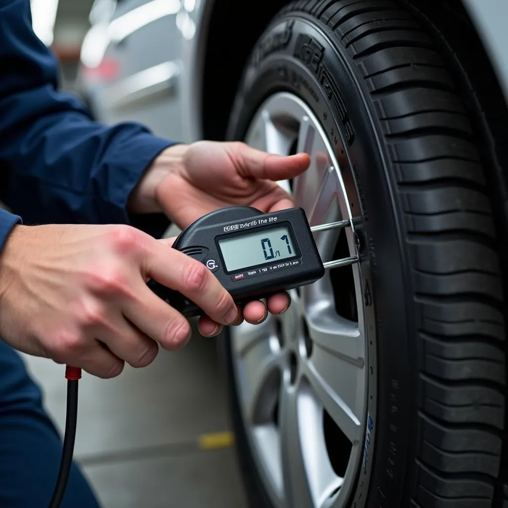 Mechanic Inspecting Tire Tread Depth