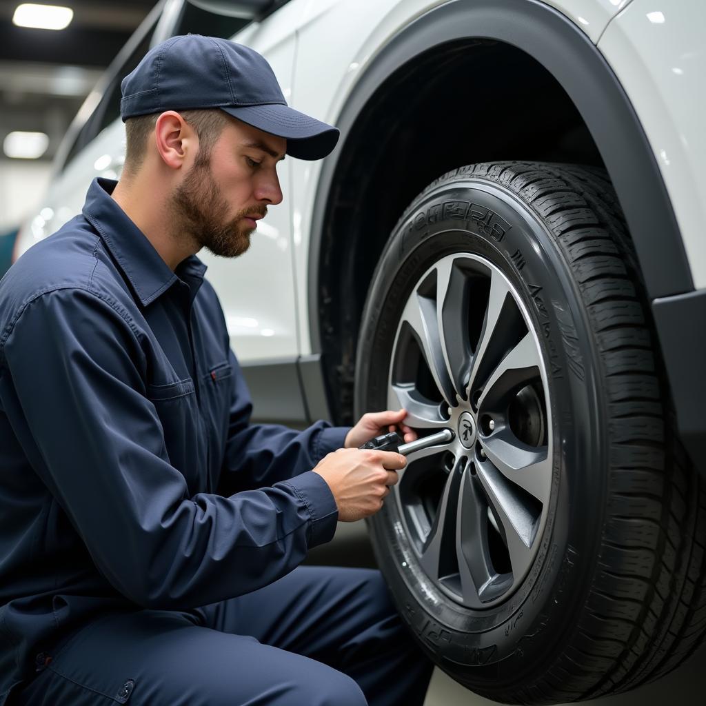 Skilled mechanic inspecting tires in a professional auto repair shop.